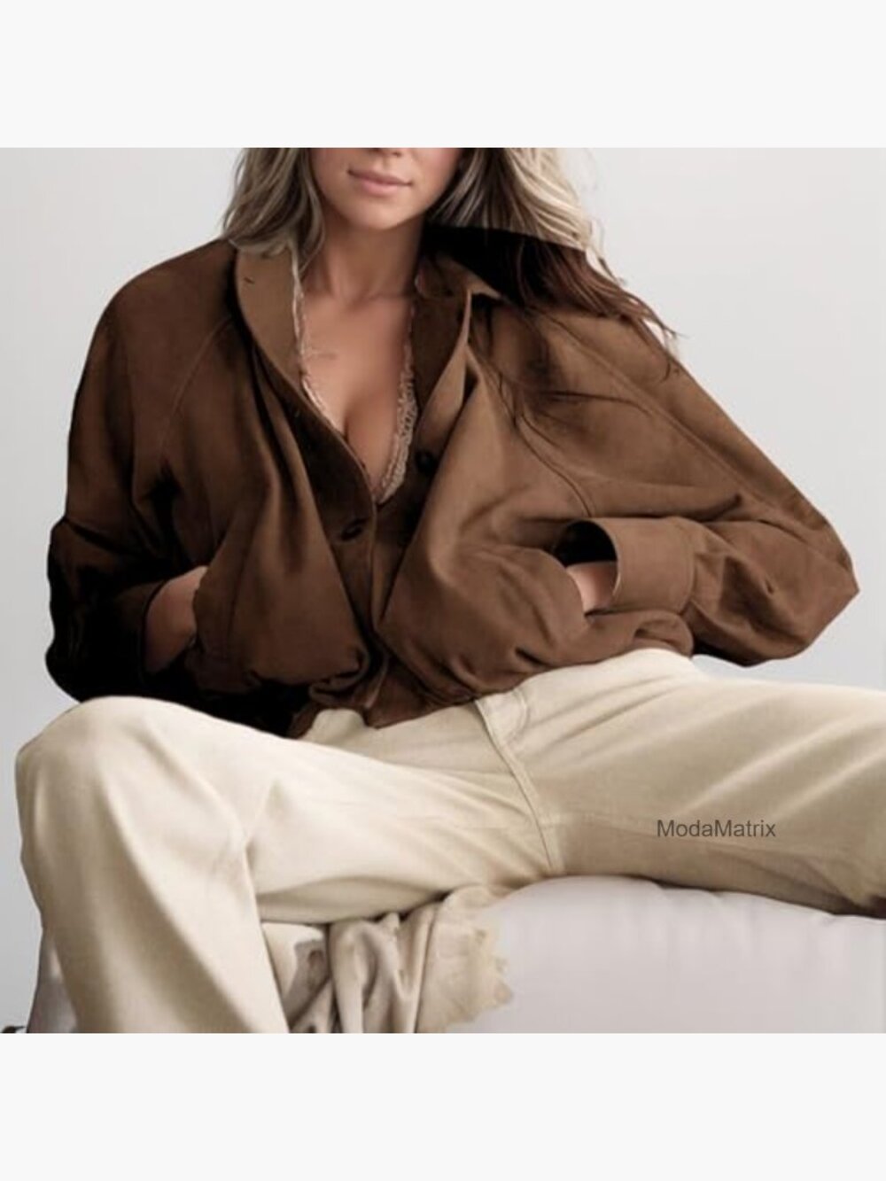 Oversized Faux Suede Button Jacket with Gathered Hem and Pockets - Picture 3 of 5